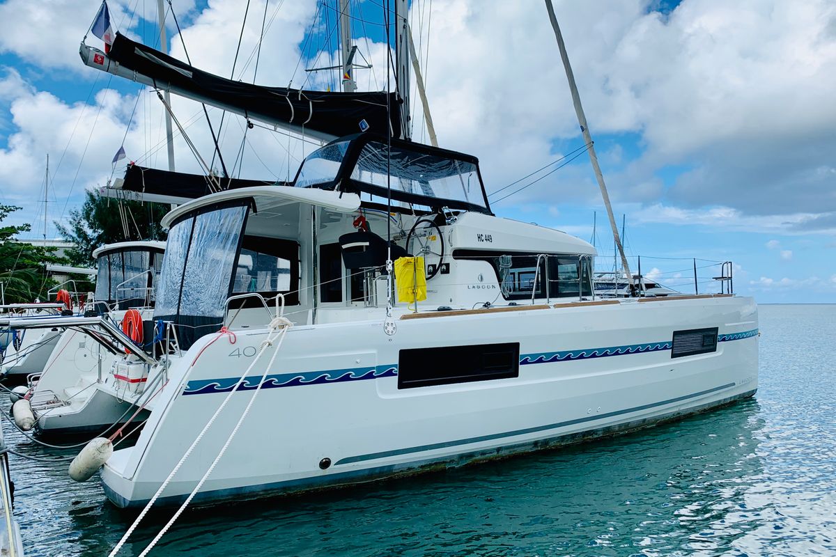 Exterior view of Ubah, a Lagoon 40 catamaran at Eden Island Marina, Seychelles
