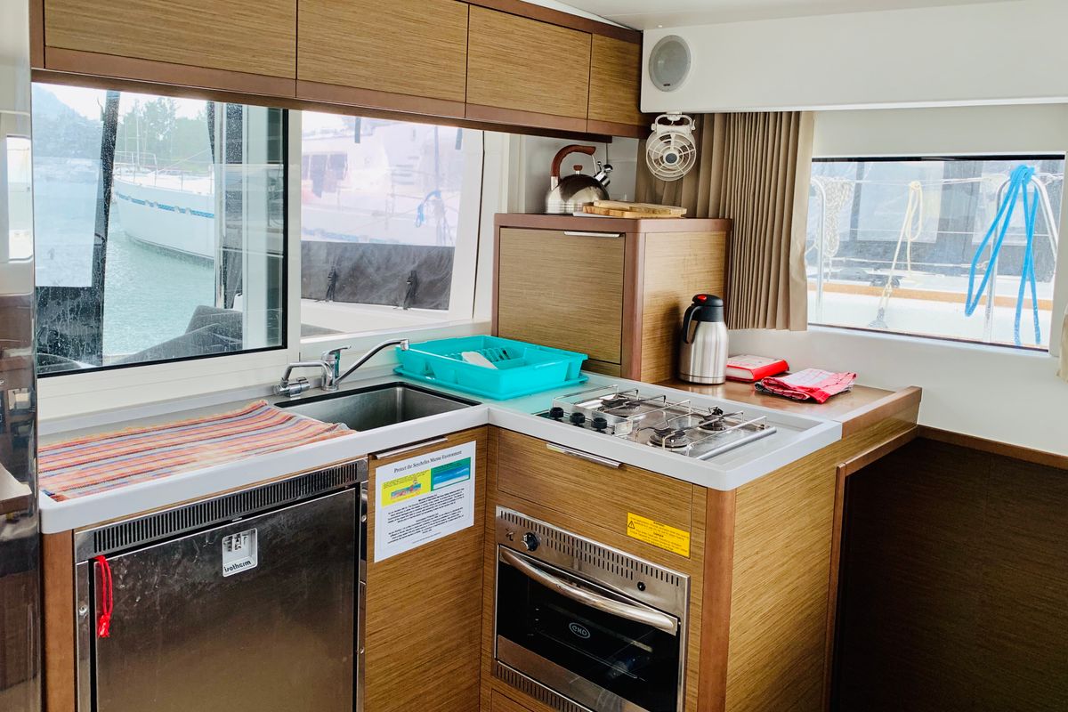 Galley of Ubah, a Lagoon 40 catamaran at Eden Island Marina, Seychelles