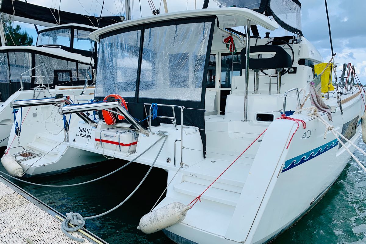 Exterior view of Ubah, a Lagoon 40 catamaran at Eden Island Marina, Seychelles