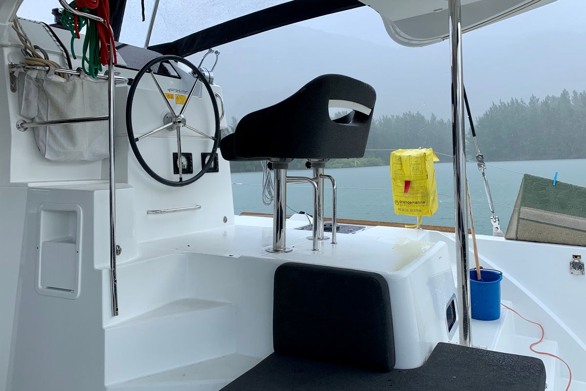 Cockpit of Ubah, a Lagoon 40 catamaran at Eden Island Marina, Seychelles