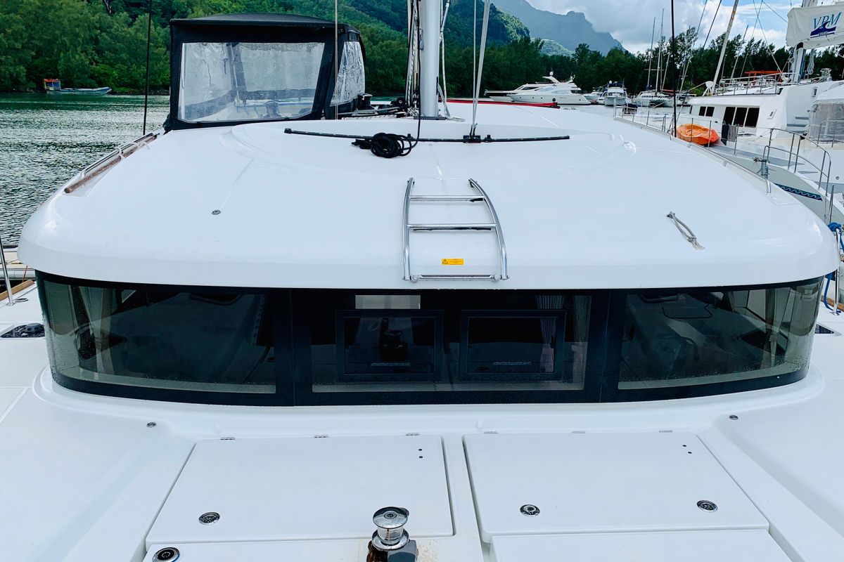 Exterior view of Ubah, a Lagoon 40 catamaran at Eden Island Marina, Seychelles