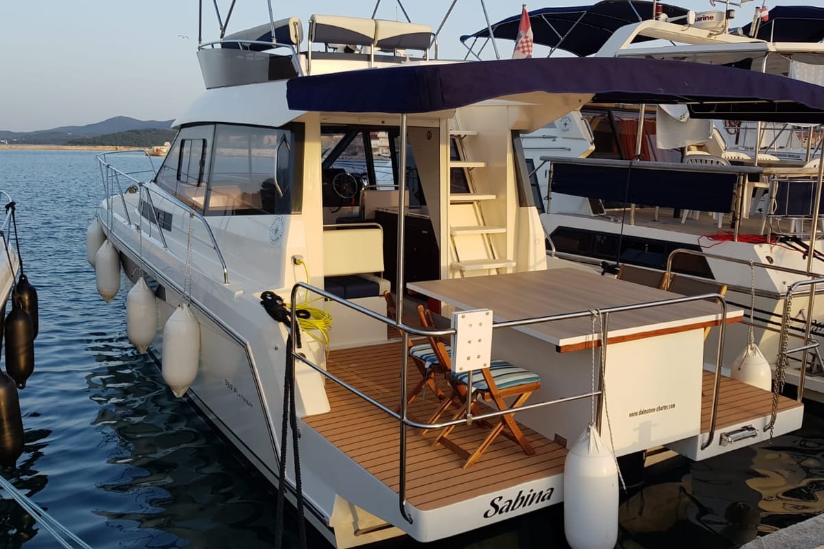 Deck of Sabina, a Delphia Yachts Platinum 989 Fly yacht at Kukljica, Croatia
