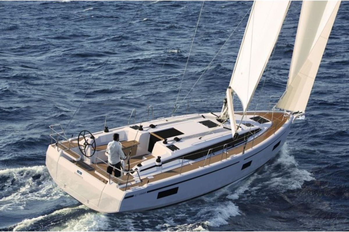Exterior view of Alfonso, a Bavaria C38 sailboat at Municipal Unit of Lefkada, Greece