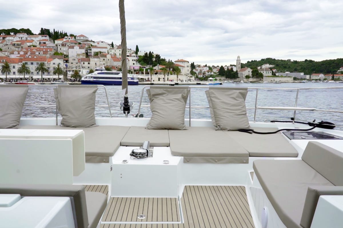 Deck of Namaste Of Bali, a Bali 5.4 catamaran at Grad Kaštela, Croatia