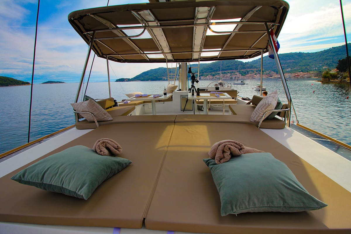 Deck of Namaste Of Bali, a Bali 5.4 catamaran at Grad Kaštela, Croatia