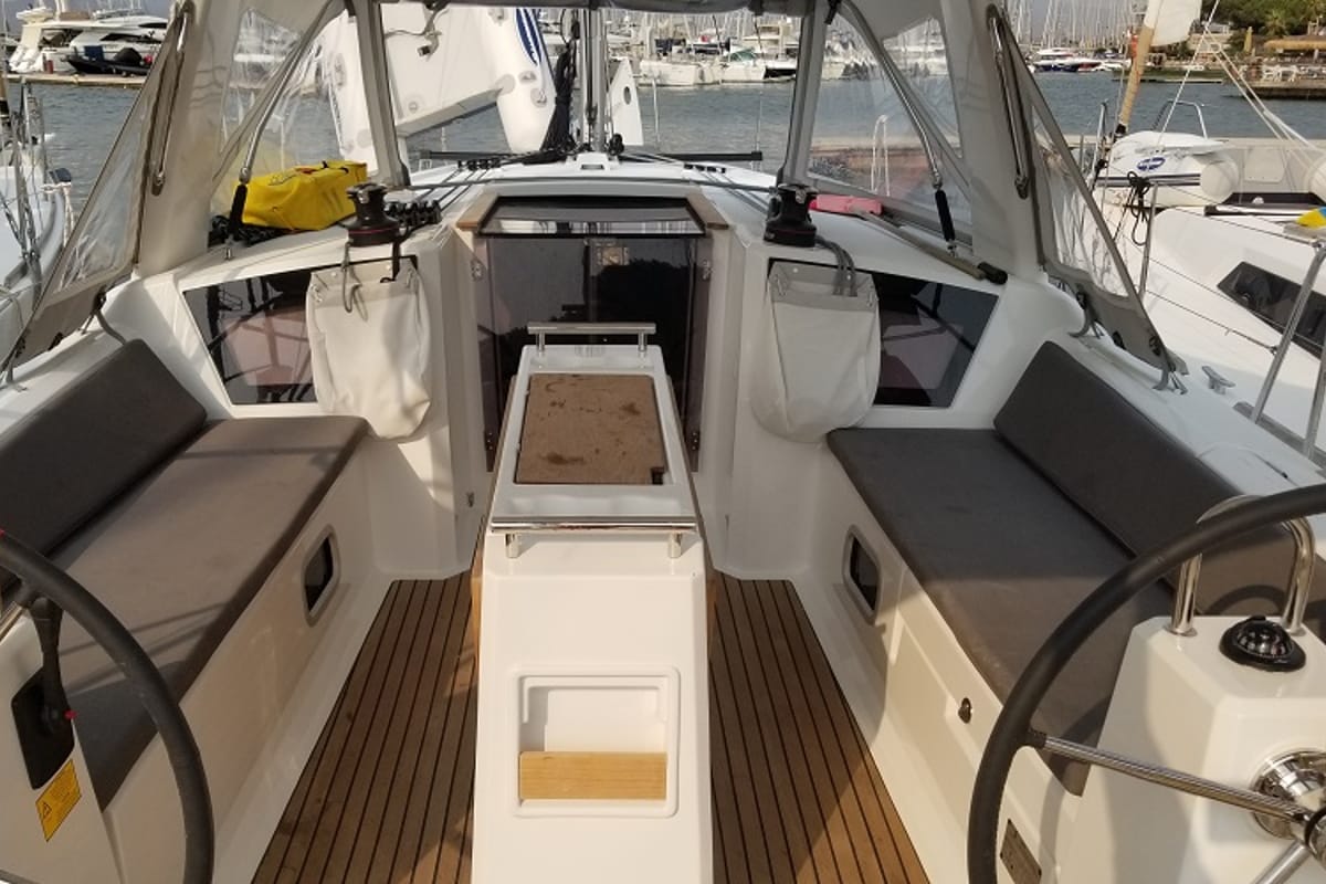 Deck of Rosa Bella, a Beneteau Oceanis 38.1 sailboat at Fethiye, Turkey