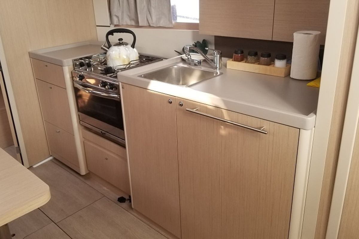 Galley of Rosa Bella, a Beneteau Oceanis 38.1 sailboat at Fethiye, Turkey