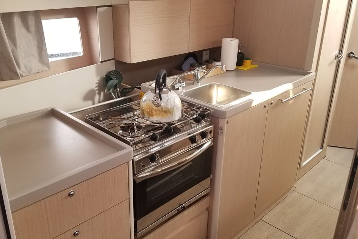 Galley of Rosa Bella, a Beneteau Oceanis 38.1 sailboat at Fethiye, Turkey