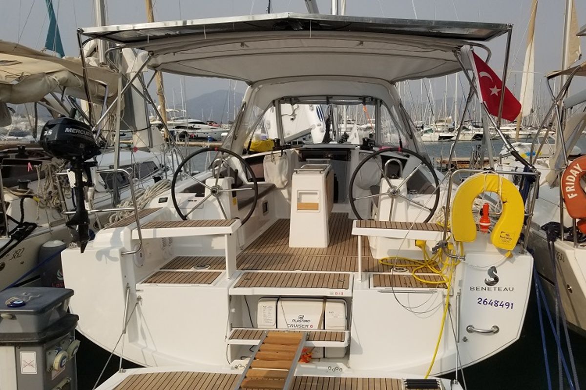 Cockpit of Rosa Bella, a Beneteau Oceanis 38.1 sailboat at Fethiye, Turkey