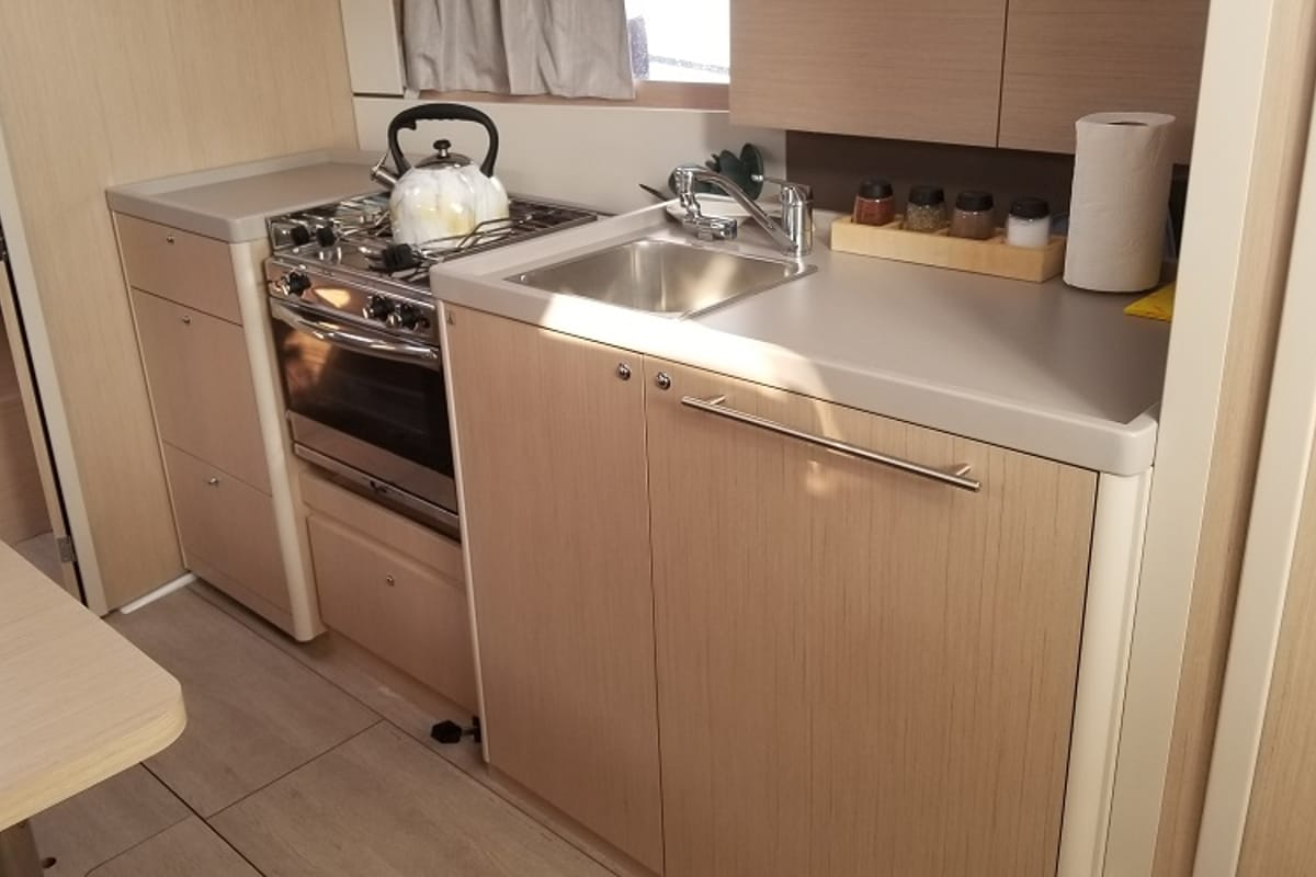 Galley of Rosa Bella, a Beneteau Oceanis 38.1 sailboat at Fethiye, Turkey