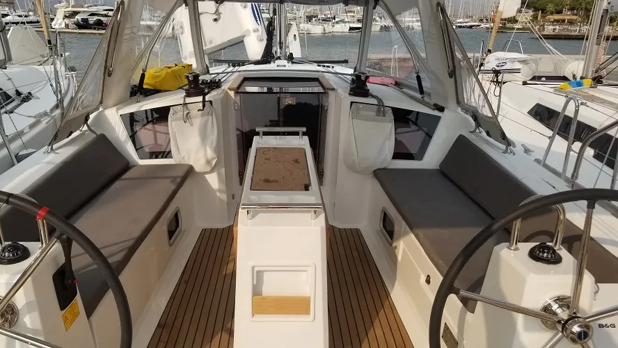 Salon of Rosa Bella, a Beneteau Oceanis 38.1 sailboat at Fethiye, Turkey