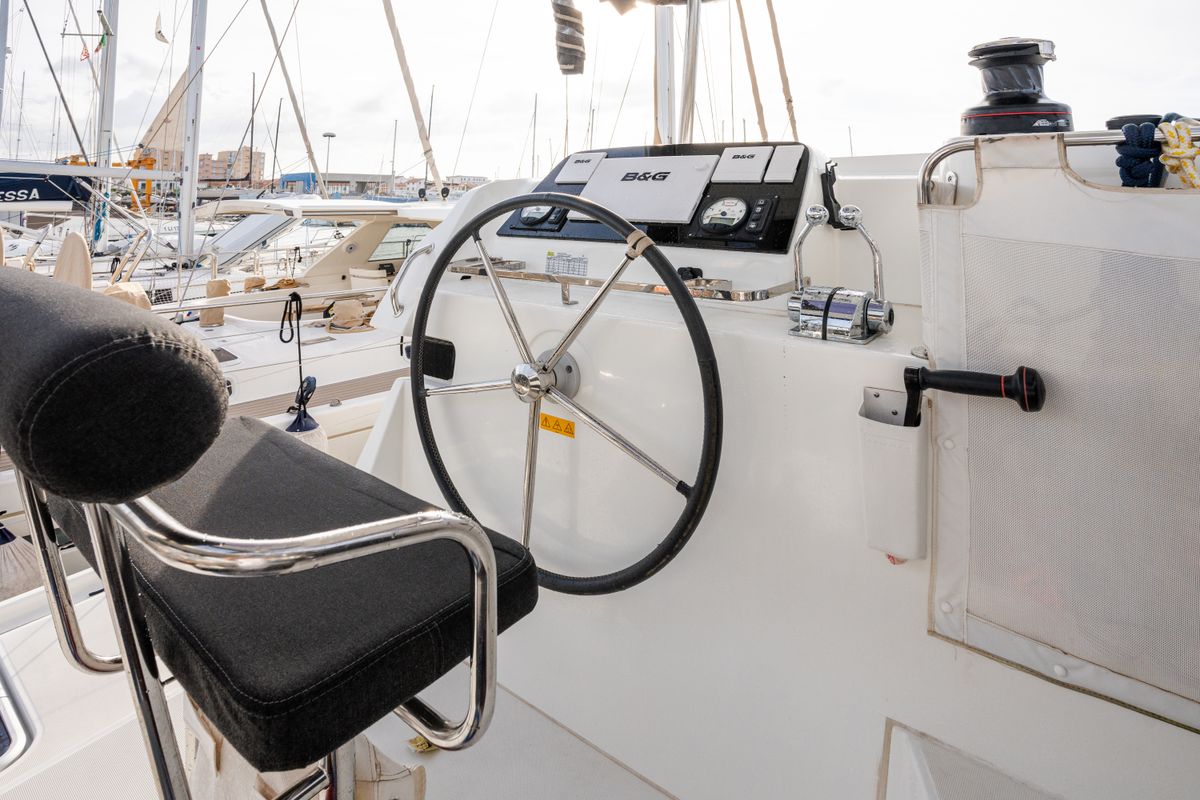 Cockpit of Gelsomino, a Lagoon 42 catamaran at Rosignano Solvay, Italy