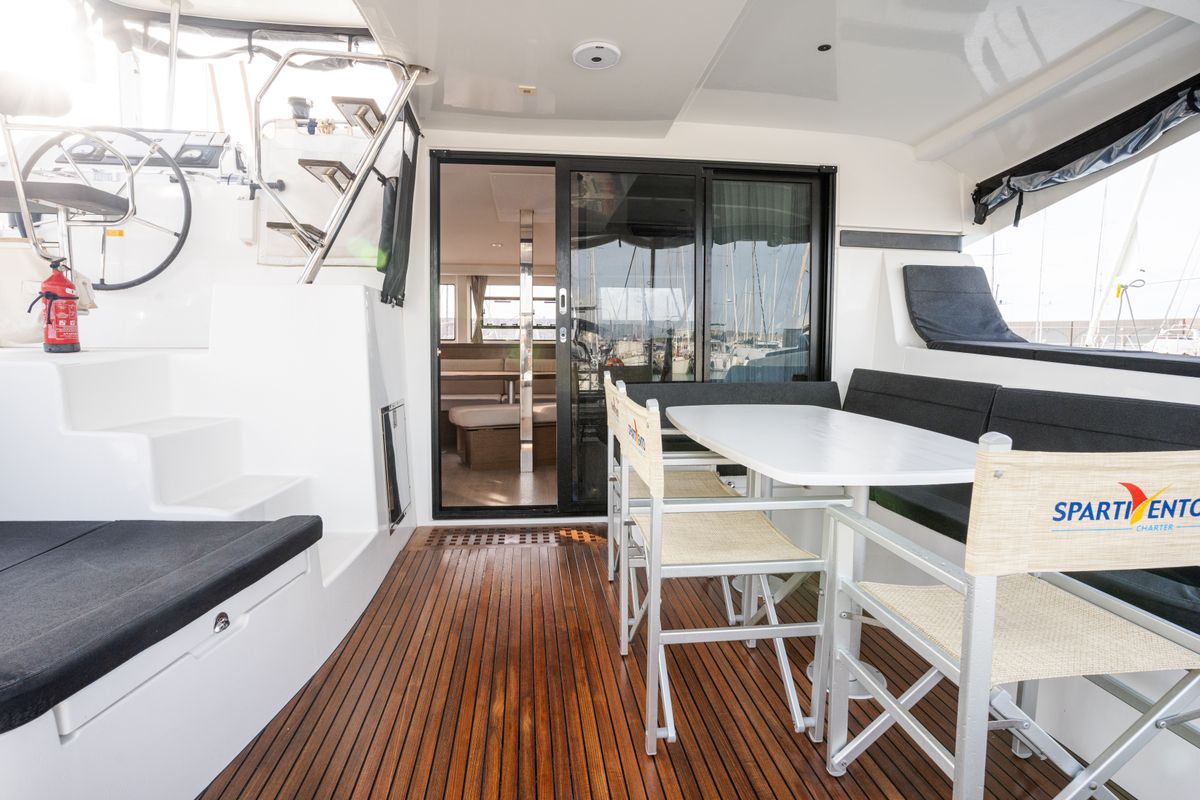 Deck of Gelsomino, a Lagoon 42 catamaran at Rosignano Solvay, Italy