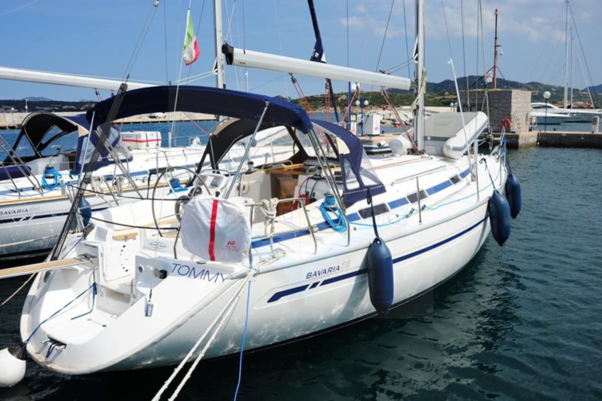 Exterior view of Tommy, a Bavaria 38 sailboat at Olbia, Italy