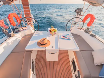 Cockpit of Emotion, a Jeanneau Sun Odyssey 410 sailboat at Lavreotiki Municipal Unit, Greece