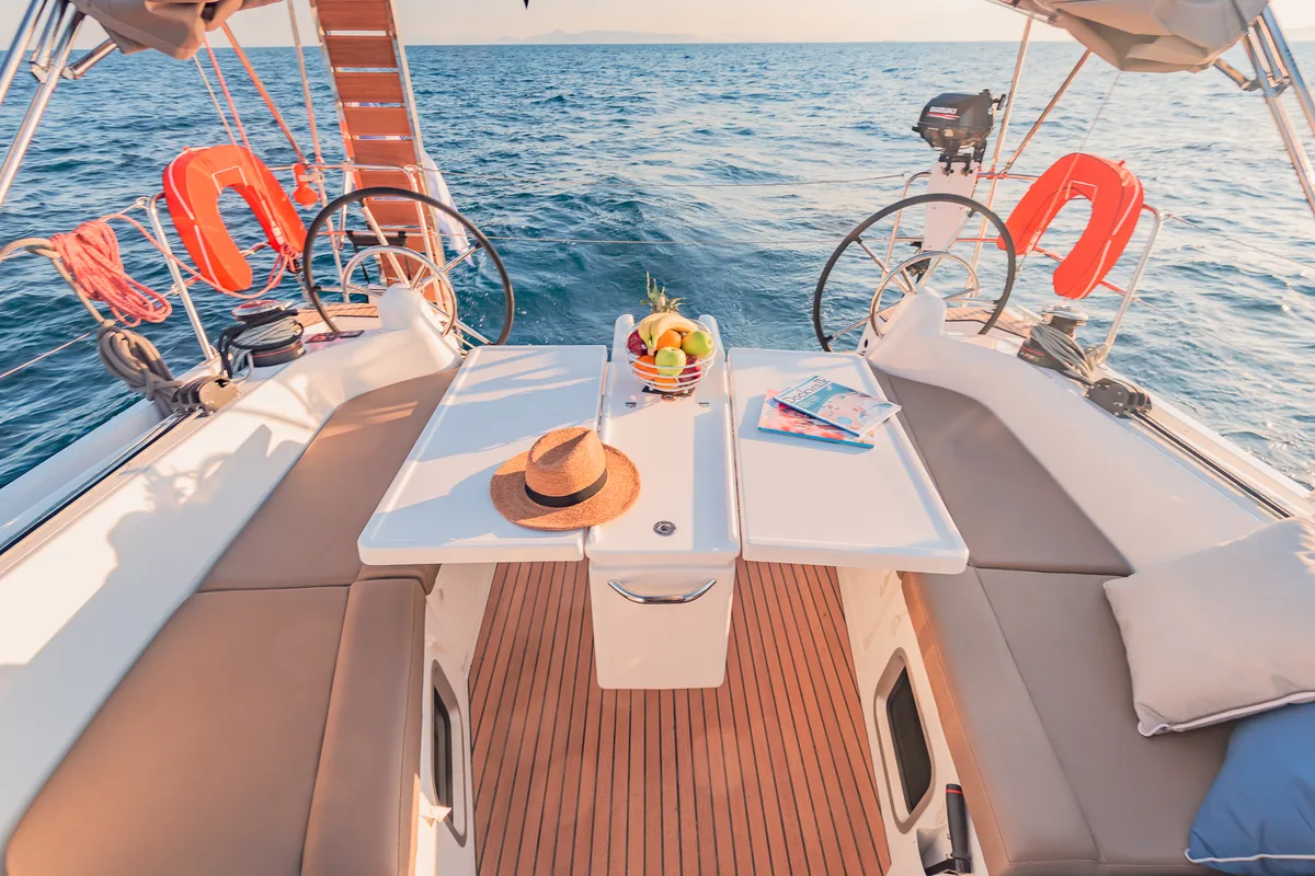 Cockpit of Emotion, a Jeanneau Sun Odyssey 410 sailboat at Lavreotiki Municipal Unit, Greece