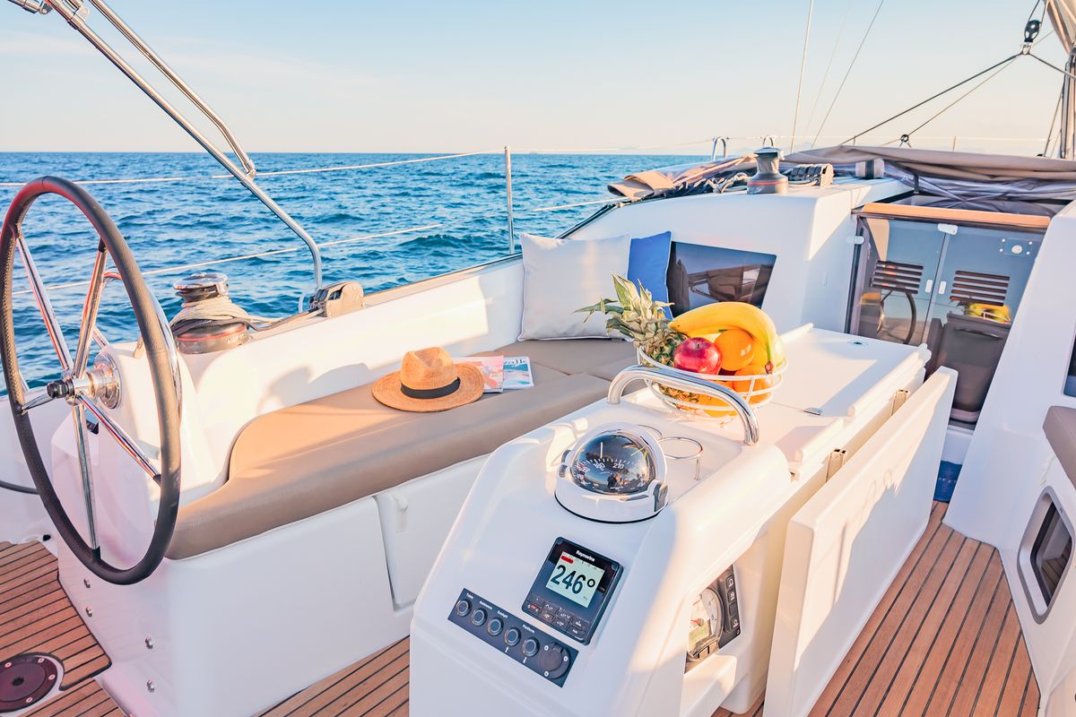 Cockpit of Emotion, a Jeanneau Sun Odyssey 410 sailboat at Lavreotiki Municipal Unit, Greece