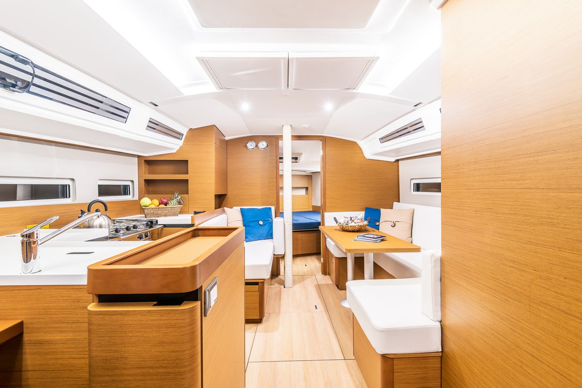 Galley of Emotion, a Jeanneau Sun Odyssey 410 sailboat at Lavreotiki Municipal Unit, Greece