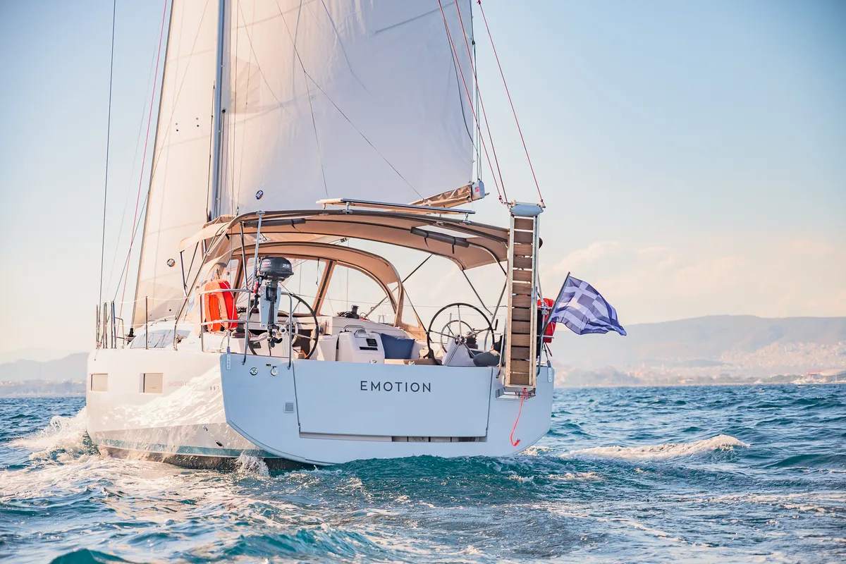 Exterior view of Emotion, a Jeanneau Sun Odyssey 410 sailboat at Lavreotiki Municipal Unit, Greece