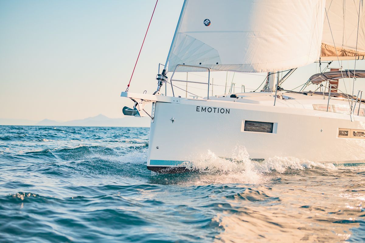 Exterior view of Emotion, a Jeanneau Sun Odyssey 410 sailboat at Lavreotiki Municipal Unit, Greece