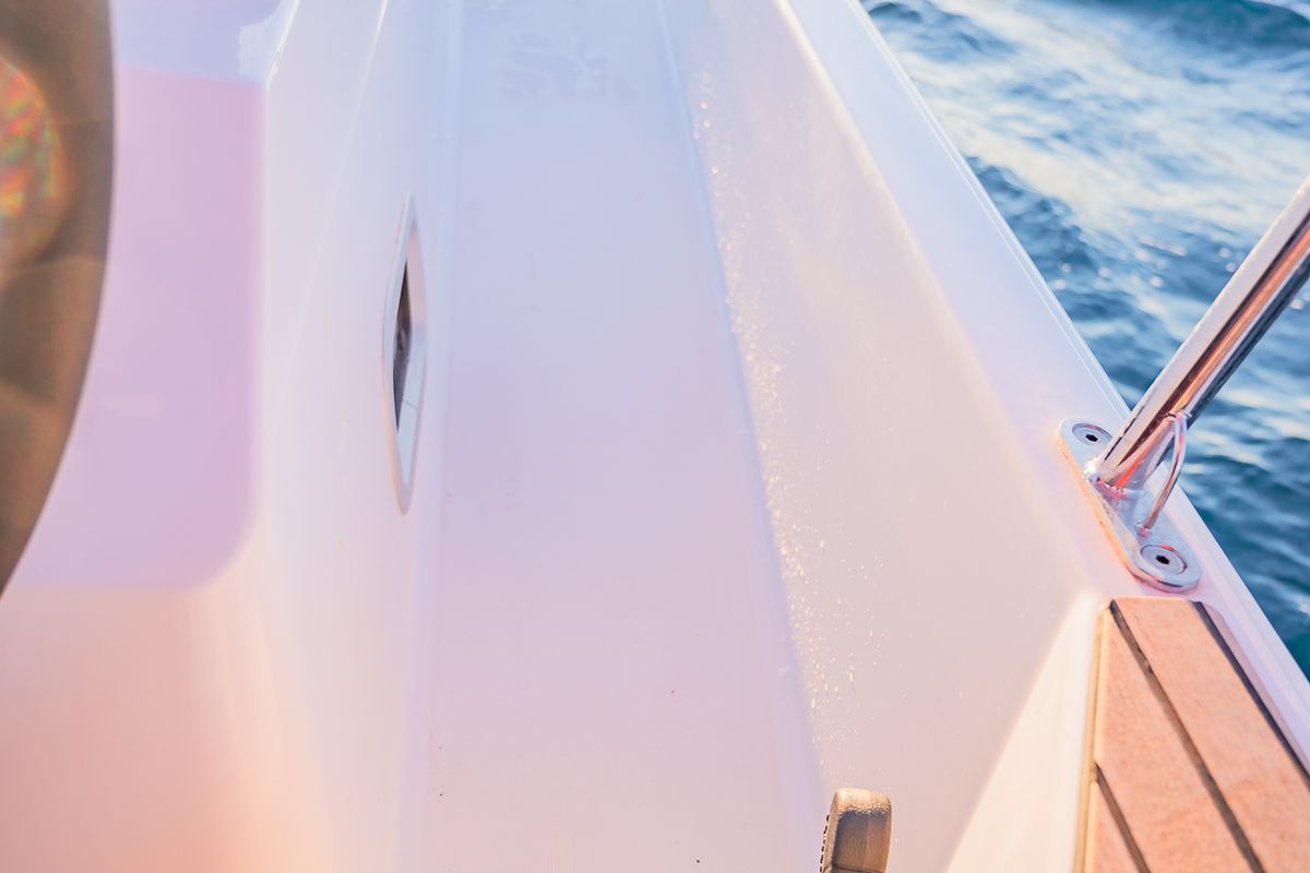 Deck of Emotion, a Jeanneau Sun Odyssey 410 sailboat at Lavreotiki Municipal Unit, Greece