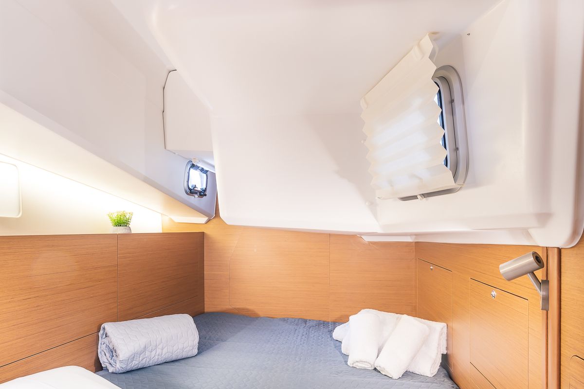 Cabin on Emotion, a Jeanneau Sun Odyssey 410 sailboat at Lavreotiki Municipal Unit, Greece