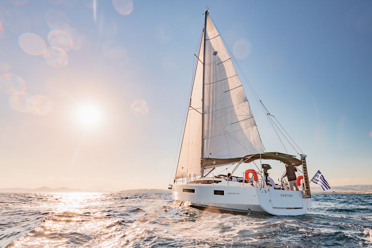 Exterior view of Emotion, a Jeanneau Sun Odyssey 410 sailboat at Lavreotiki Municipal Unit, Greece