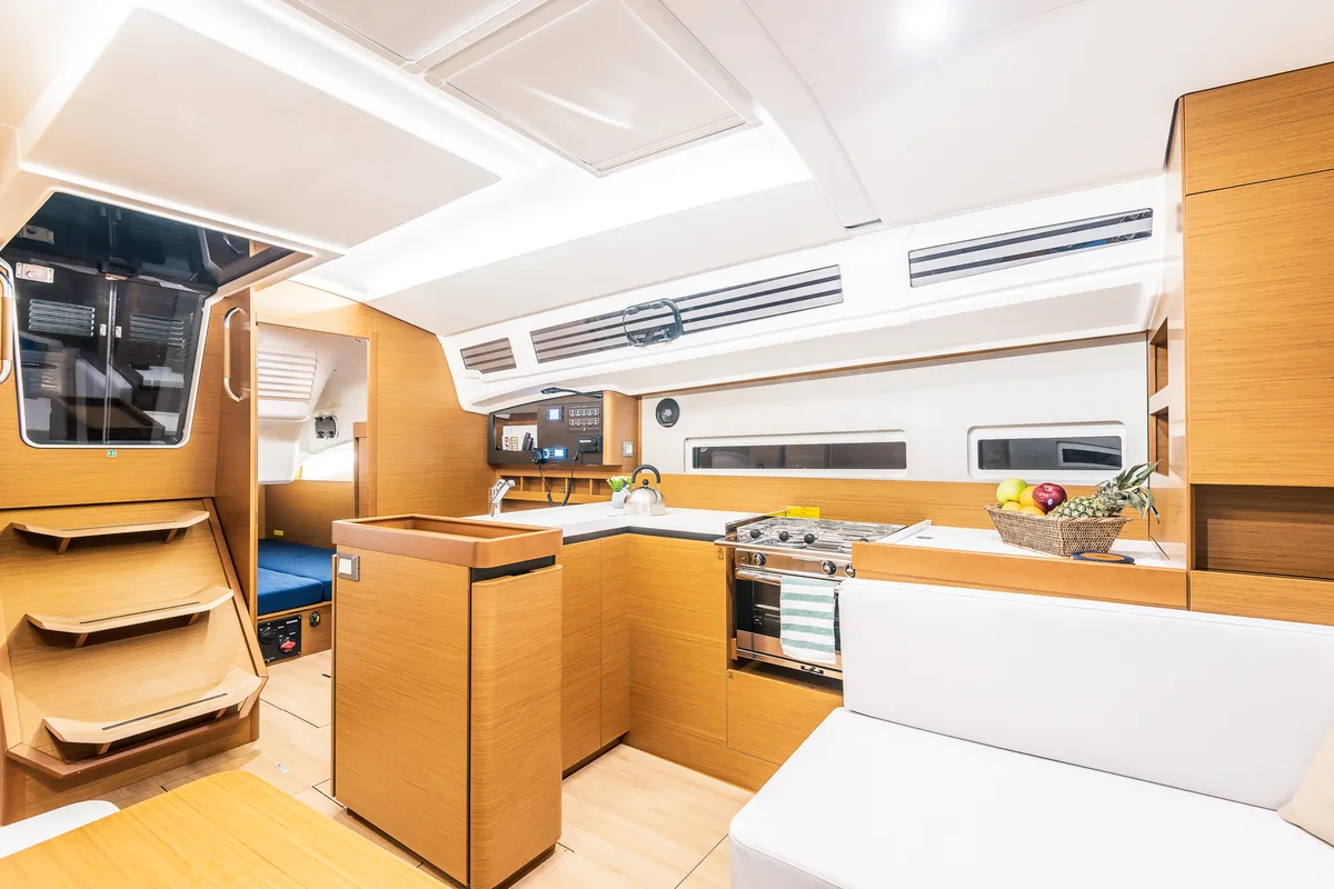 Galley of Emotion, a Jeanneau Sun Odyssey 410 sailboat at Lavreotiki Municipal Unit, Greece