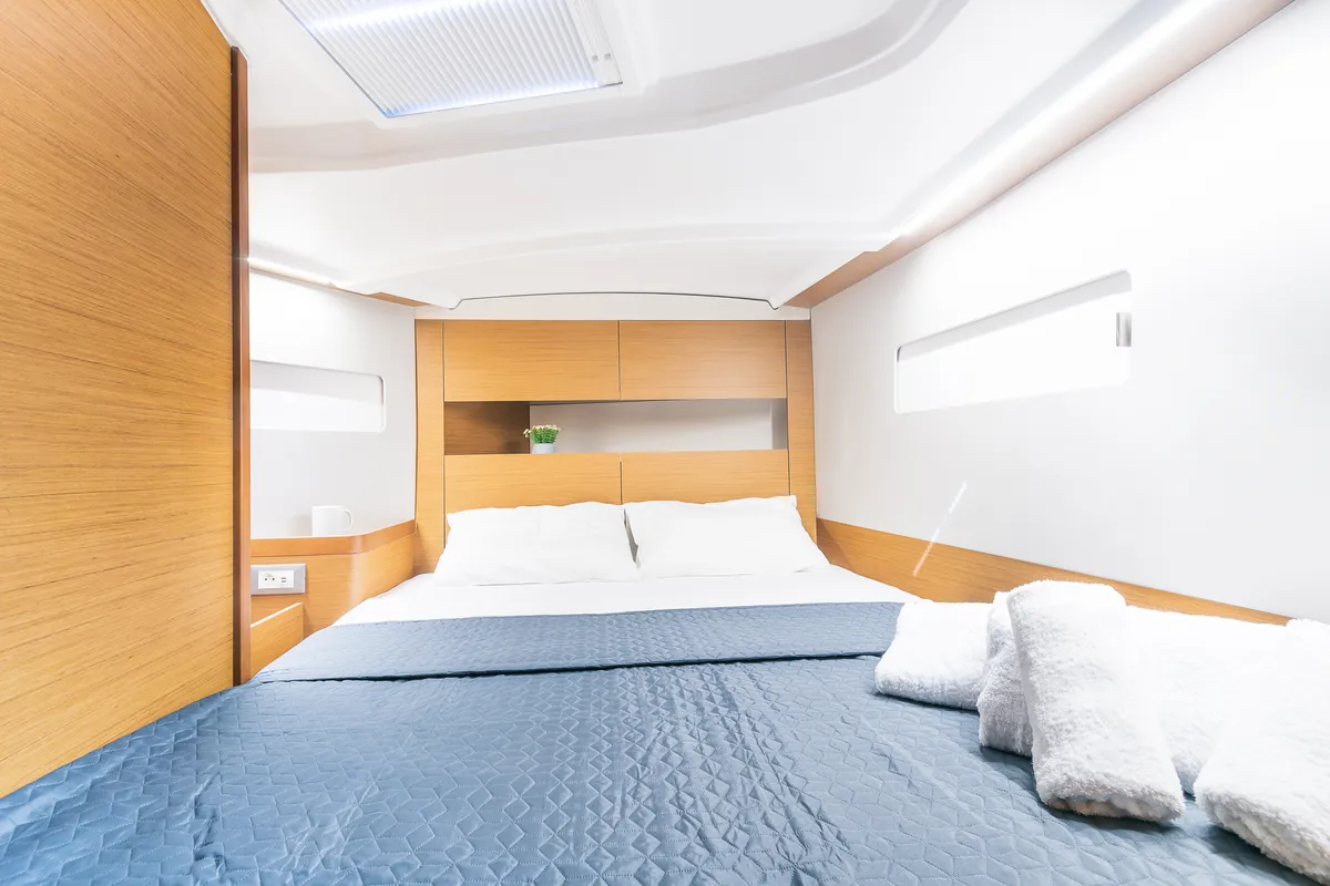 Cabin on Emotion, a Jeanneau Sun Odyssey 410 sailboat at Lavreotiki Municipal Unit, Greece
