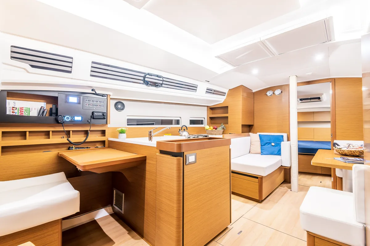 Galley of Emotion, a Jeanneau Sun Odyssey 410 sailboat at Lavreotiki Municipal Unit, Greece