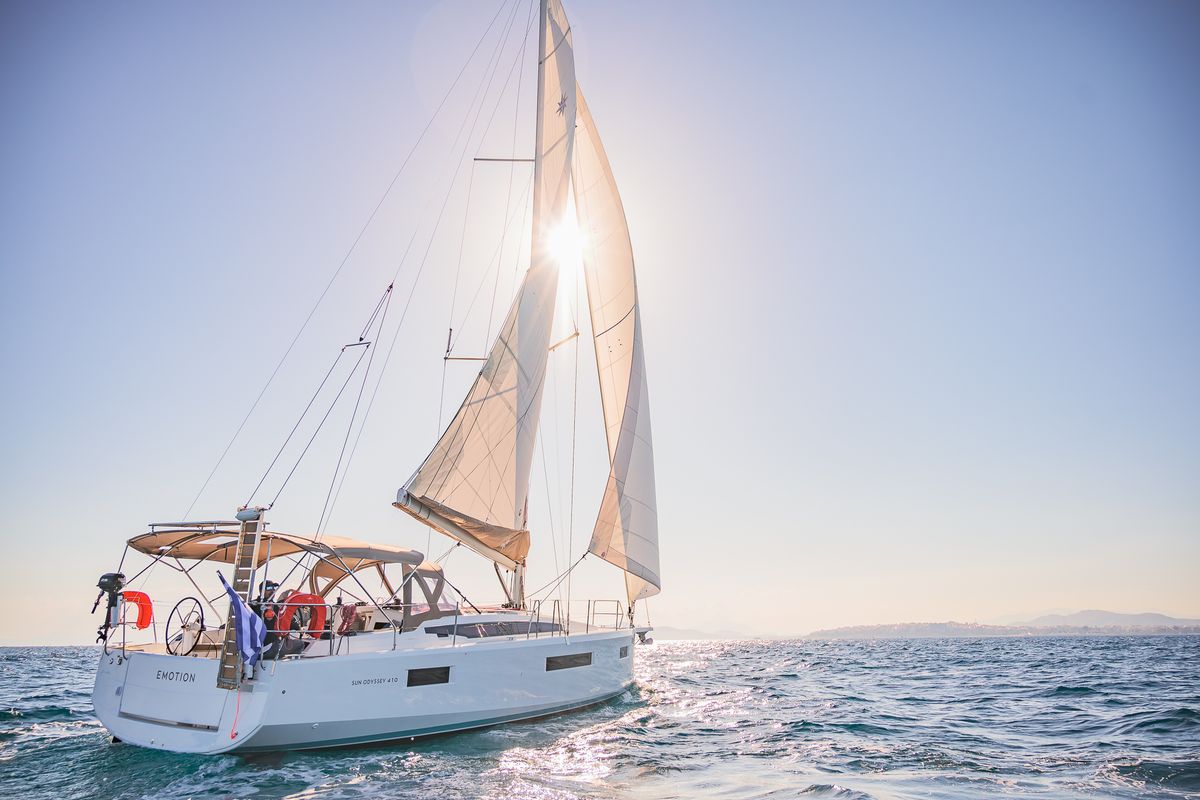 Exterior view of Emotion, a Jeanneau Sun Odyssey 410 sailboat at Lavreotiki Municipal Unit, Greece