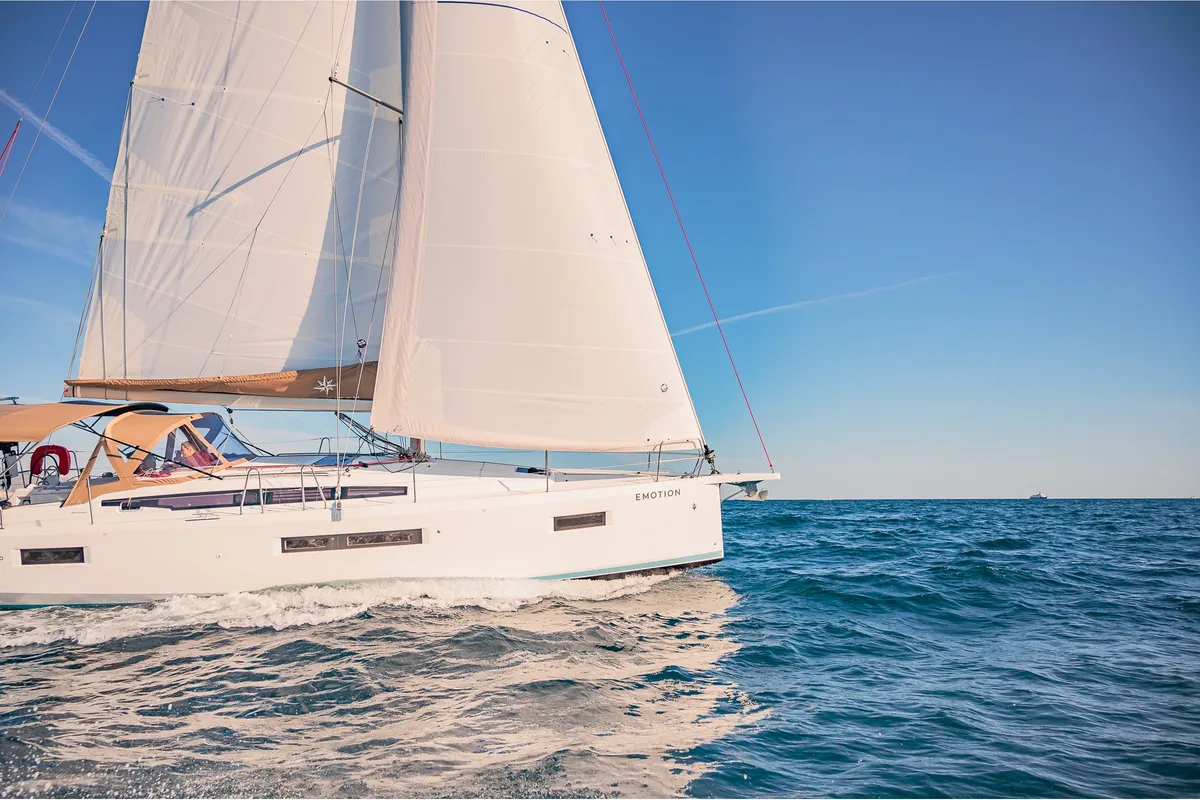 Exterior view of Emotion, a Jeanneau Sun Odyssey 410 sailboat at Lavreotiki Municipal Unit, Greece
