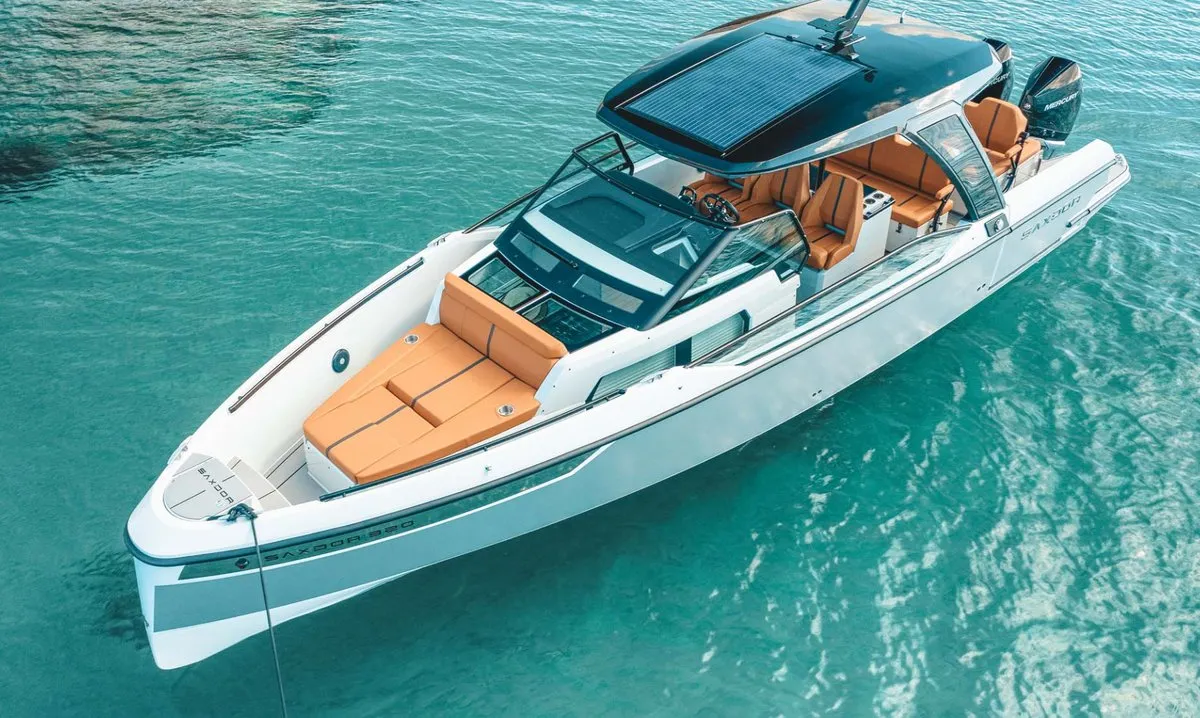 Exterior view of Respirato, a Saxdor Yachts Saxdor 320 GTO motorboat at Grad Vodice, Croatia
