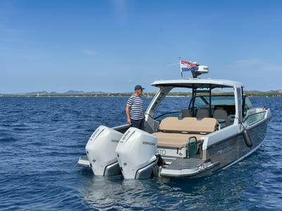 Exterior view of Respirato, a Saxdor Yachts Saxdor 320 GTO motorboat at Grad Vodice, Croatia