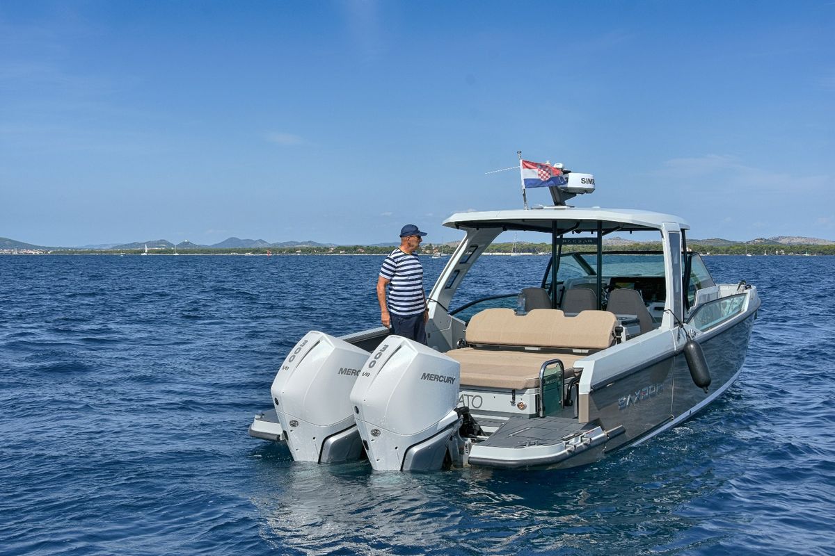 Exterior view of Respirato, a Saxdor Yachts Saxdor 320 GTO motorboat at Grad Vodice, Croatia