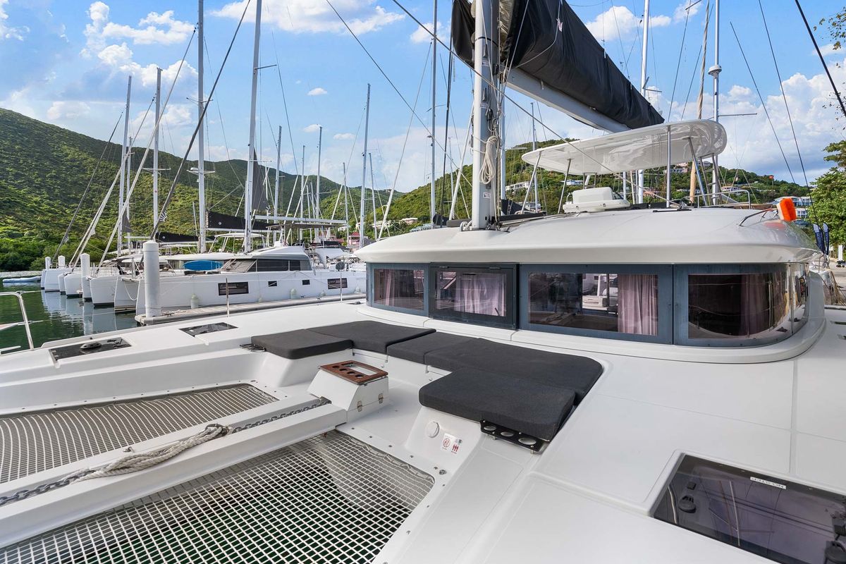 Deck of Slinky Malinki, a Lagoon 51 catamaran at Road Town, British Virgin Islands