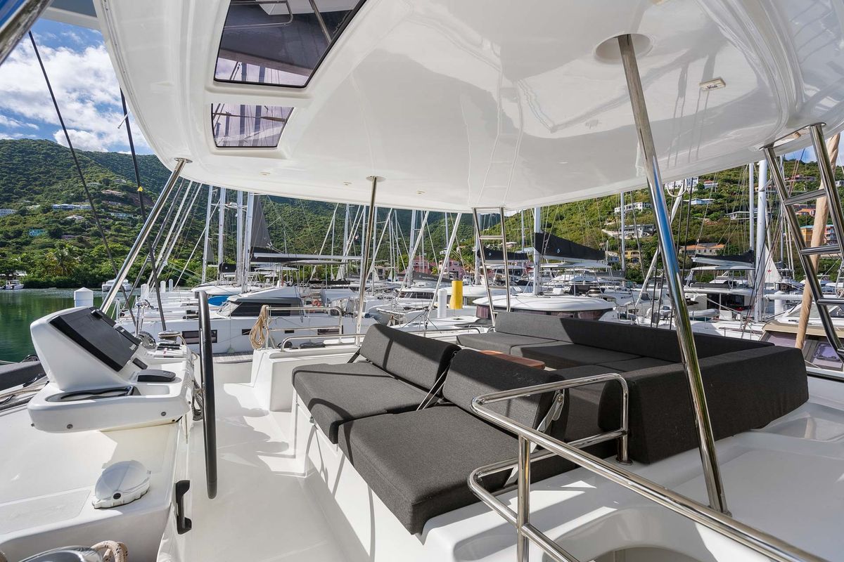 Deck of Slinky Malinki, a Lagoon 51 catamaran at Road Town, British Virgin Islands