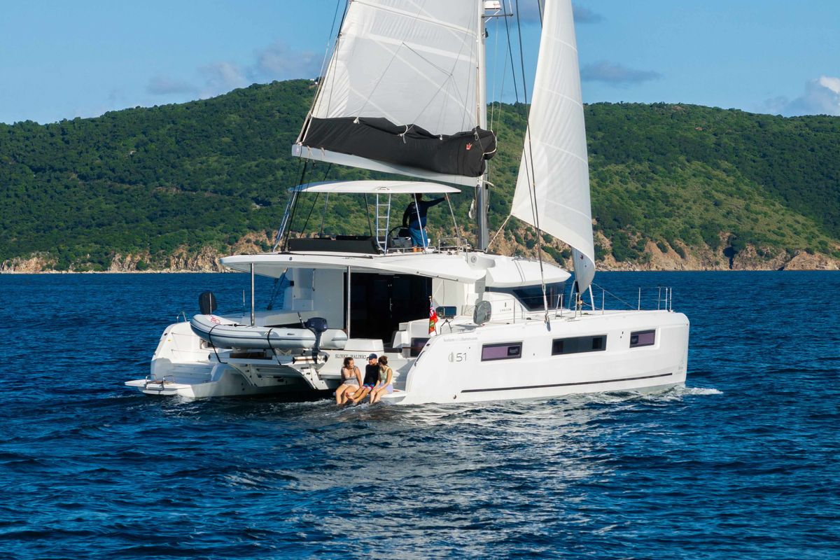 Exterior view of Slinky Malinki, a Lagoon 51 catamaran at Road Town, British Virgin Islands
