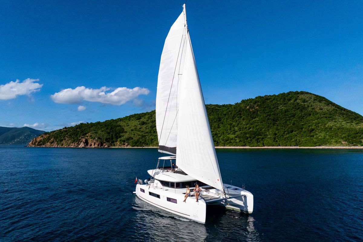 Exterior view of Slinky Malinki, a Lagoon 51 catamaran at Road Town, British Virgin Islands