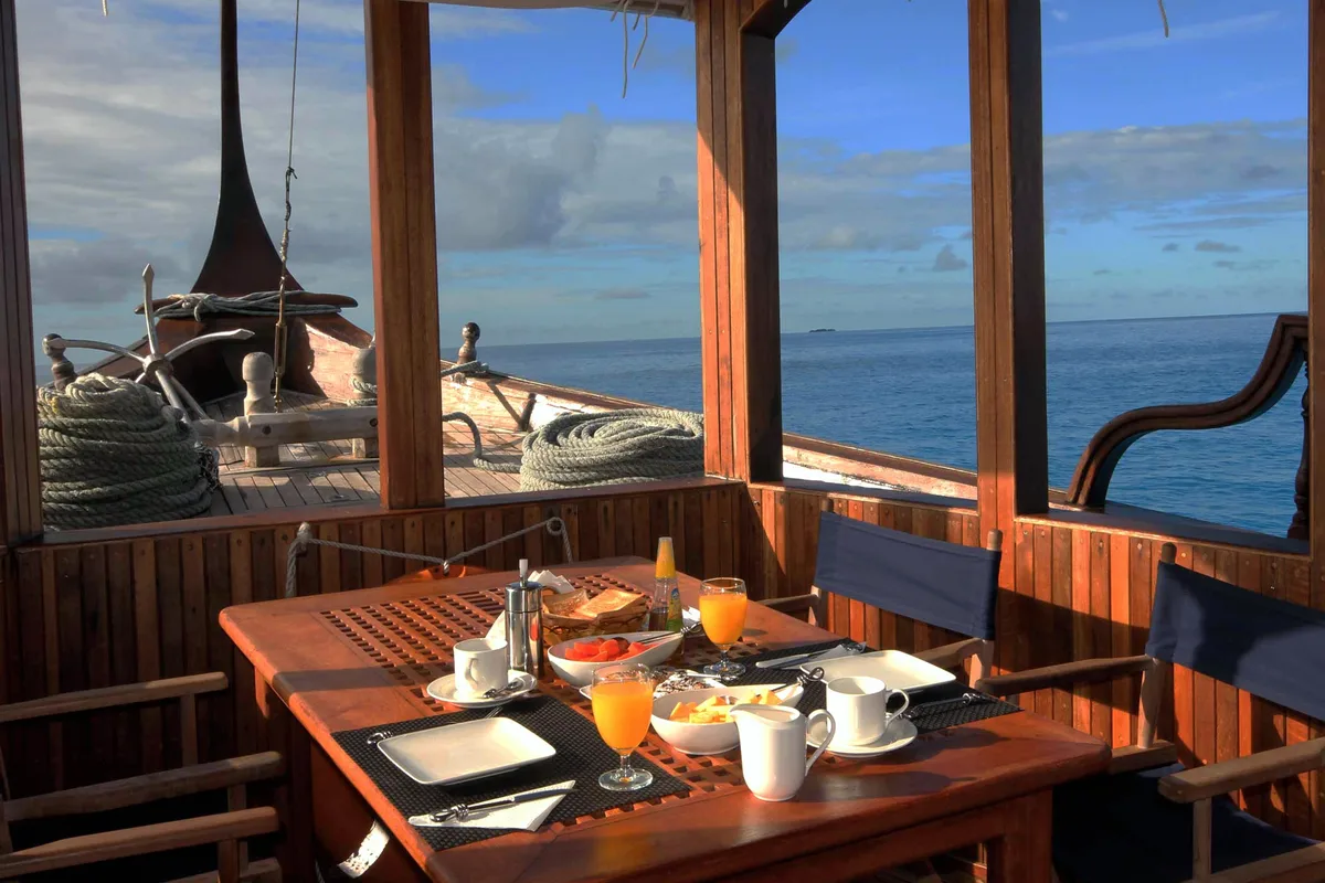 Deck of Stella 1, a Gulet Wooden motor yacht yacht at Malé, Maldives