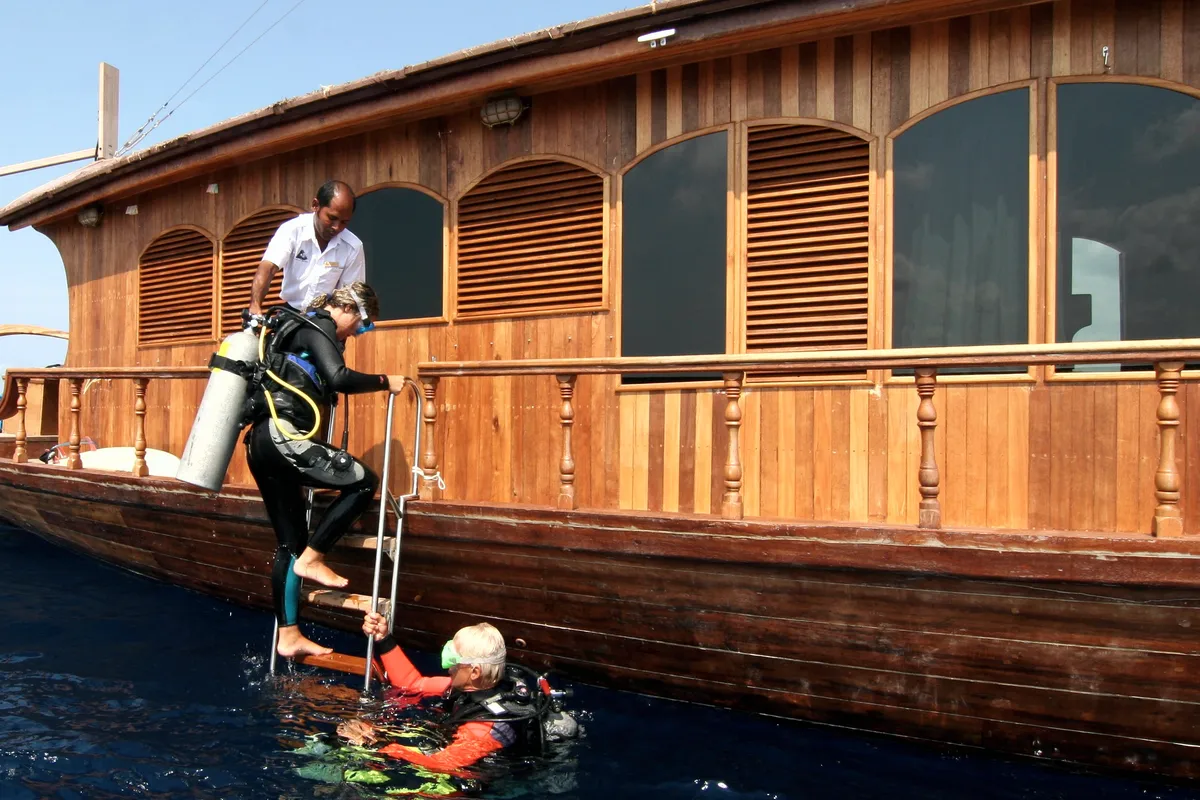 Exterior view of Stella 1, a Gulet Wooden motor yacht yacht at Malé, Maldives