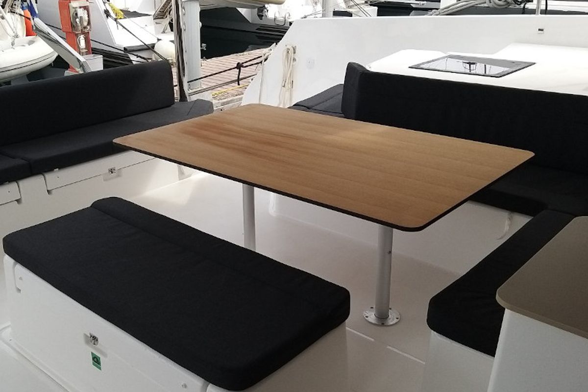 Deck of Albertina II, a Dufour Catamaran 48 catamaran at Athens, Greece