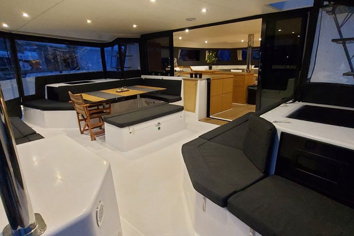 Deck of Albertina II, a Dufour Catamaran 48 catamaran at Athens, Greece