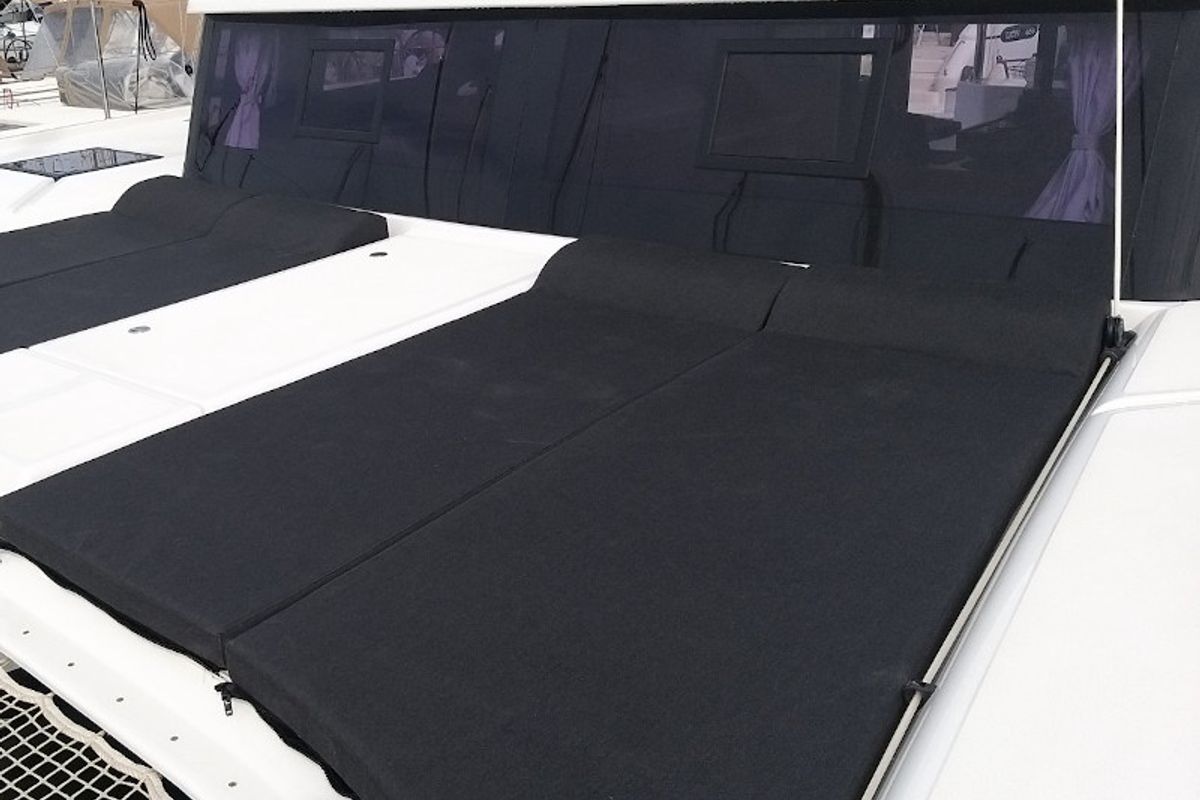 Deck of Albertina II, a Dufour Catamaran 48 catamaran at Athens, Greece