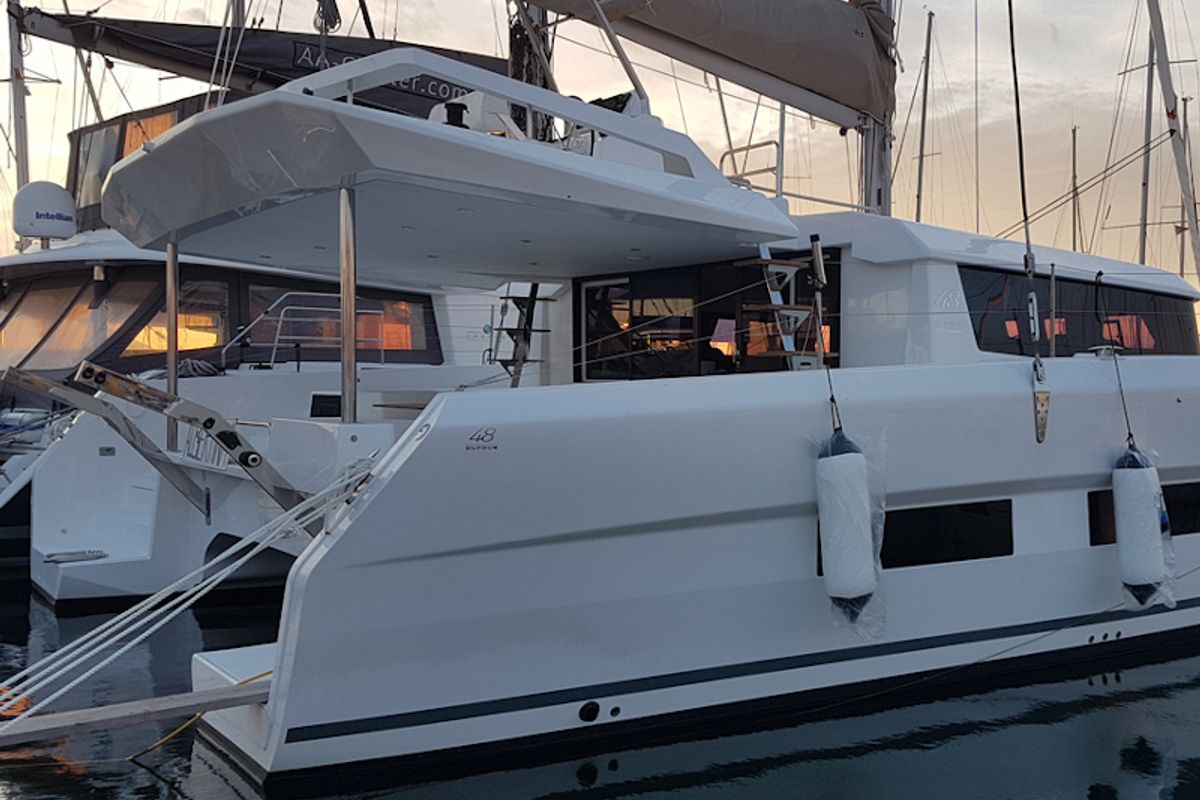 Exterior view of Albertina II, a Dufour Catamaran 48 catamaran at Athens, Greece