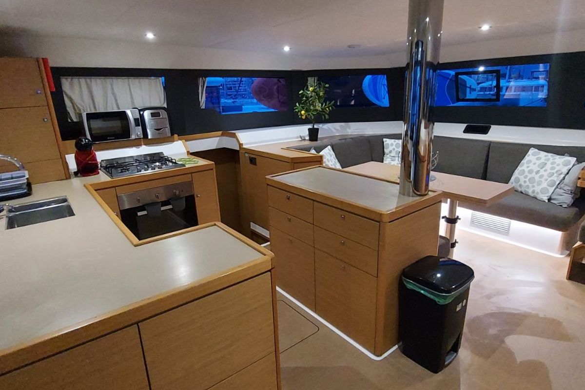 Galley of Albertina II, a Dufour Catamaran 48 catamaran at Athens, Greece