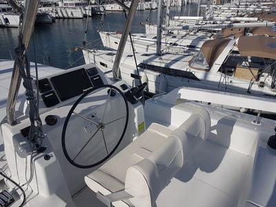 Cockpit of Albertina II, a Dufour Catamaran 48 catamaran at Athens, Greece