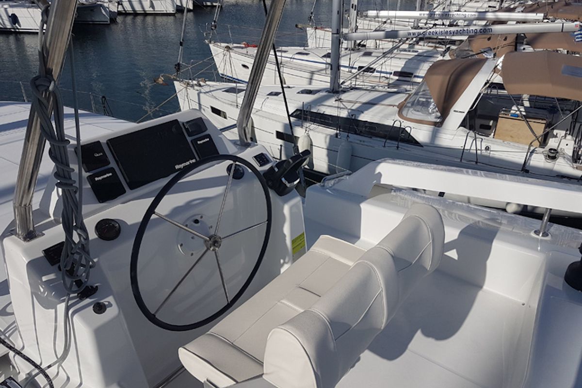 Cockpit of Albertina II, a Dufour Catamaran 48 catamaran at Athens, Greece