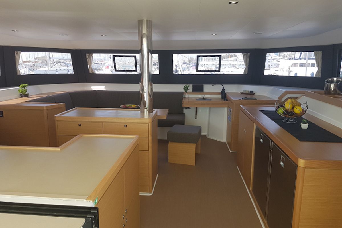 Galley of Albertina II, a Dufour Catamaran 48 catamaran at Athens, Greece