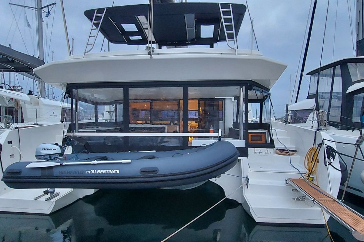 Exterior view of Albertina II, a Dufour Catamaran 48 catamaran at Athens, Greece
